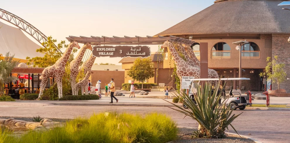 Visitors exploring Dubai Safari Park’s wildlife zones featuring giraffes, lions, and elephants.